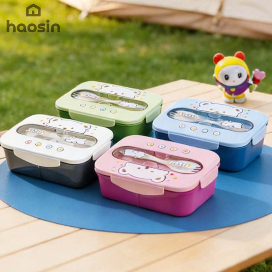 Fofa Marmita Infantil com Garfo 3 Compartimentos 1200ml Grande Capacidade Estilo Desenho Animado Presente Volta às Aulas - cor aleatória - Visão 1