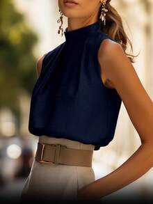 Top sin mangas de cuello alto con pliegues, top ajustado de diseño exclusivo y elegante para el día a día, para mujer, de verano y casual - azul real - Ver 4