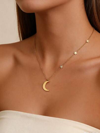 1pc Luxury Elegant Star & Moon Pendant Necklace, Stainless Steel Women's Sweater Chain, Stylish Gift For Dates