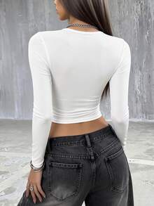 Blusa de manga larga y cuello redondo ajustada en color blanco LOVE JOYY, estilo ciberpunk Y2K, adecuada para estilo callejero, festivales de música y atuendos de fiesta - Multicolor - Ver 1