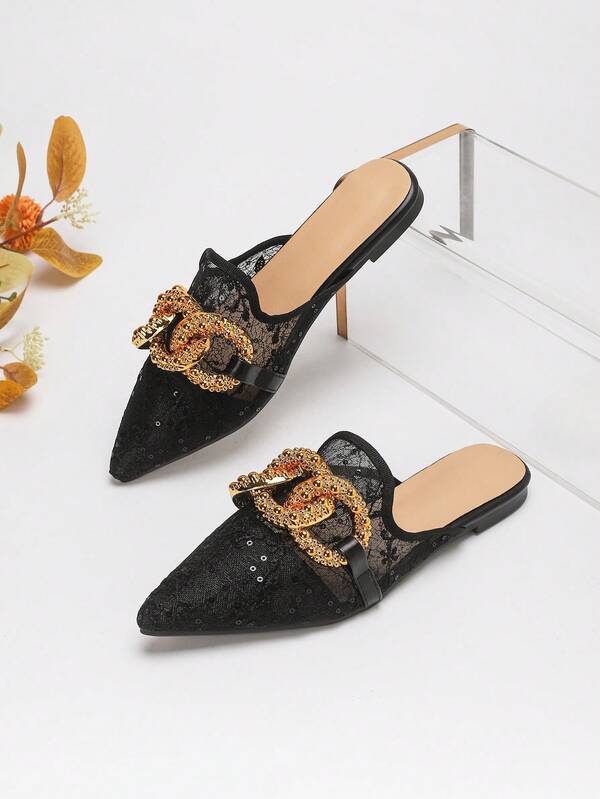 Women's Elegant Black Mesh With Metal Buckle Flat Pointed Toe Mule Slippers (Shoe Upper Pattern Is Random Basic Style)