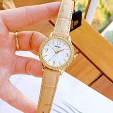 Orient Luxury Women's Gold Rhinestone Bezel Elegant Beige Leather Band Quartz Wrist Watch With Arabic Numerals - White - View 2
