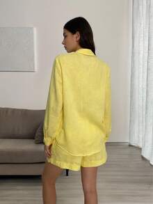 SV Upgrade. Women's Linen Set With Basic Blouse And Casual Shorts - Summer. - New Yellow - View 5