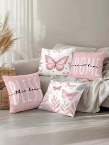 4 件套浅粉色蝴蝶叶子印花枕套，适用于客厅和卧室，涤纶材质，可机洗 - 粉色 - 查看 4