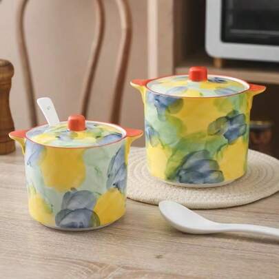 Hũ đựng bằng gốm có thìa, hũ đựng gia vị, hũ đựng mỡ có nắp, có thể tái sử dụng, hộp đựng đa chức năng dùng trong nhà bếp, hộp đựng đồ trang trí nhà bếp, phù hợp để trang trí nhà cửa, trên bàn, trong tủ, lối vào - Lý tưởng để đựng gia vị, trà, thảo mộc - Bền và đa năng sử dụng trong nhà, hộp đựng trang trí với thiết kế sống động, nhỏ gọn và thiết thực, phù hợp cho phòng khách, phòng ngủ hoặc quầy bar.