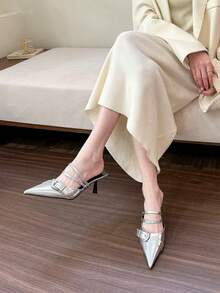 Giày sandal đế bệt mũi nhọn kiểu dáng mới mùa xuân 2026 dành cho nữ, giày cao gót quai hậu thanh lịch. - Bạc - Xem 2