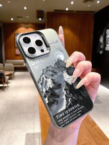 1 chiếc ốp lưng silicon mềm mại thời trang với mặt sau bằng acrylic cứng, họa tiết núi non và trăng khuyết, thiết kế màu gradient sang trọng, tương thích với iPhone/Redmi/VIVO/OPPO - màu đen - Xem 3