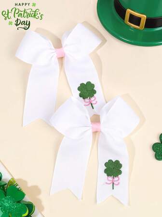 2pcs St. Patrick's Day Clover Embroidered Hair Bows For Girls Simple White Bow Alligator Clips With Tail Adorable Shamrock Hair Clips Parade Barrettes Cute Sweet Clover Hairpins Teens Hair Accessories
