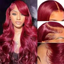 13x4 Lace Front Wigs Blended Human Hair Pre Plucked 200% Density Body Wave HD Lace Front Wigs Human Hair Transparent Frontal Glueless Wigs Virgin Human Hair With Baby Hair For Women #Burgundy 99J 34 Inch - SBUG - View 6