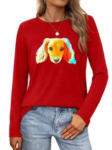 A Colorful Portrait Of A Dachshund With Vibrant Fur And Expressive EyesWomens Long-Sleeve Crewneck T-ShirtFashionable Women's Clothing - Red - View 1