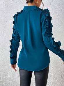 Áo kiểu tay dài cổ bẻ phối ren xếp nếp màu trơn thanh lịch, thích hợp cho mùa thu. - Màu xanh ngọc - Xem 6