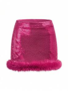 Women Sequin Mini Skirt Y2K High Waist Feather Trim Going Out Micro Mini Skirts Fashion Party Clubwear Streetwear Hot Girls Music Festival Rooftop Bar K-Pop Concert Coachella Vibe Outfits - Hồng - Xem 6