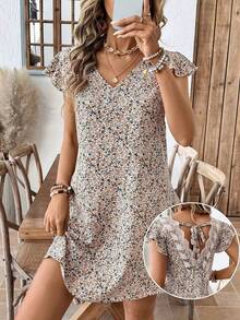 女士波西米亚碎花V领短袖宽松直筒连衣裙，度假优雅夏季款 - 彩色 - 查看 1