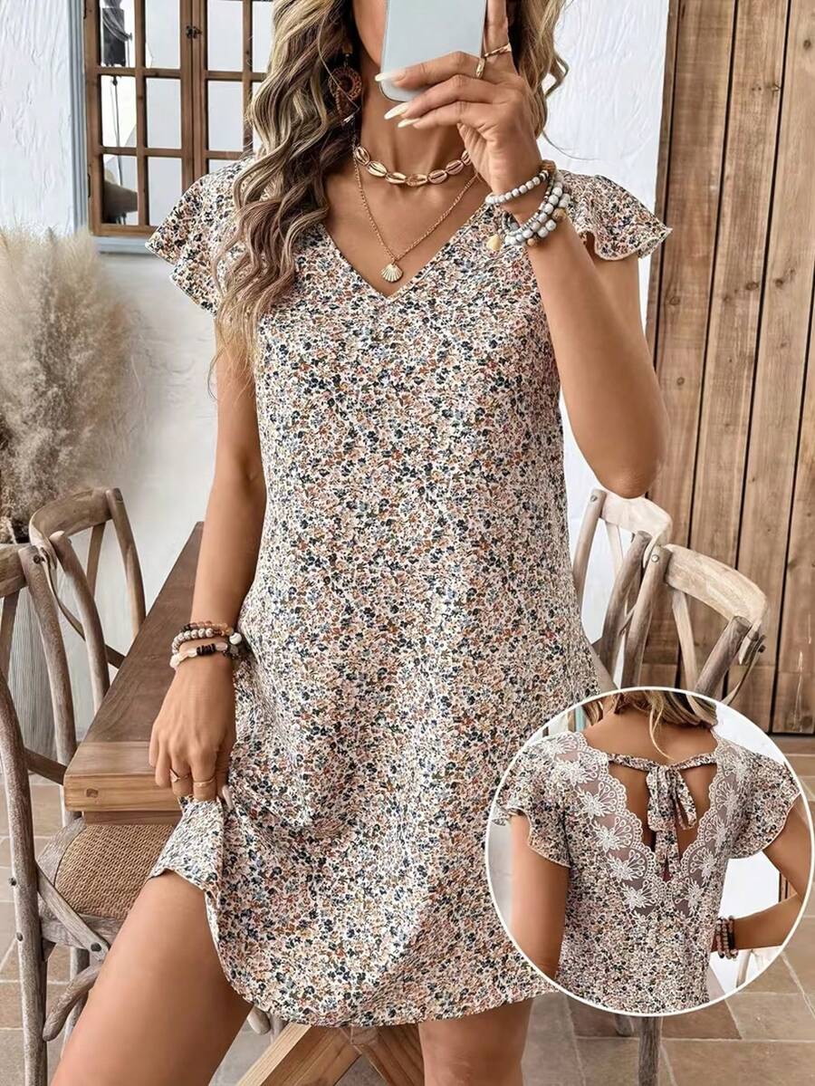 女士波西米亚碎花V领短袖宽松直筒连衣裙，度假优雅夏季款 - 彩色 - 查看 1