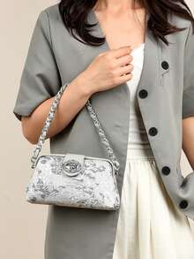 迷你优雅纯色夹扣金属链条手柄女士手提包，休闲简约单肩托特包，适合购物、钱包、通勤，适合年轻女性、大学生、新人及上班族女性。是办公室、大学、工作、商务、通勤、户外、旅行和郊游的理想之选。 - 淺灰色 - 查看 13