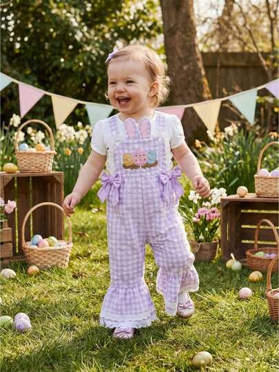 Monos a cuadros para niñas pequeñas, modernos, con bordado de huevos de Pascua, sin mangas, de campana