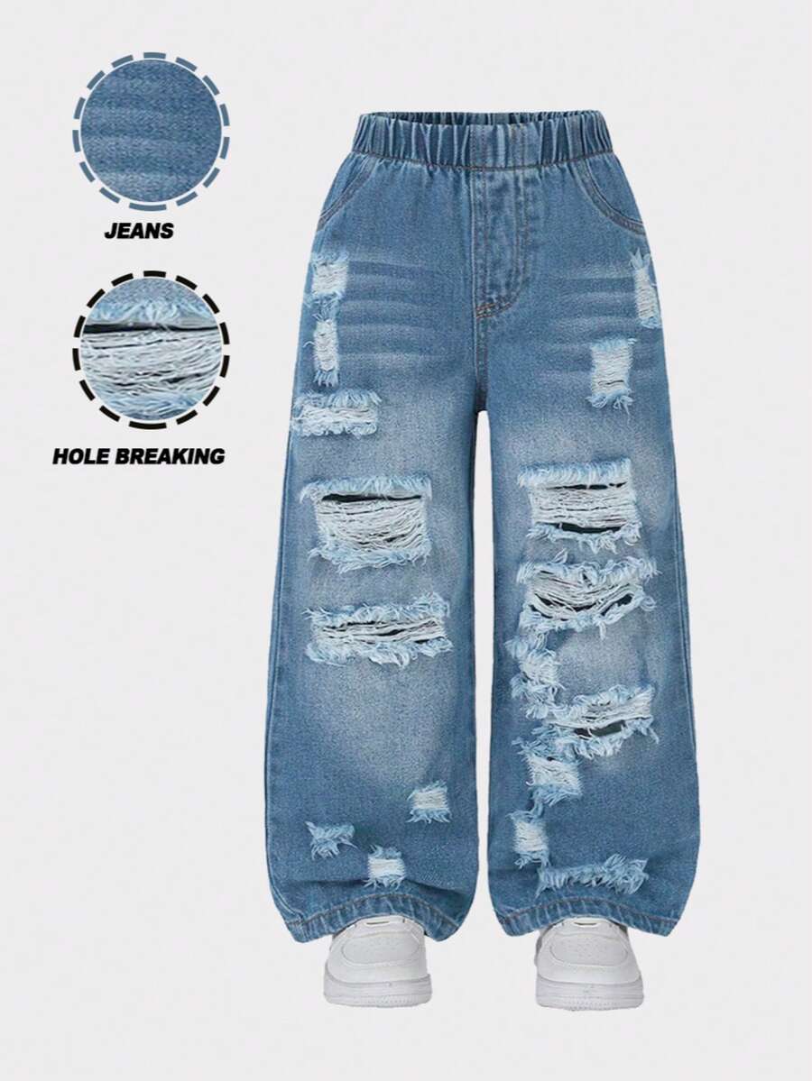 1件装 女童做旧时尚街头风牛仔裤，春夏新品 - 淺色水洗藍 - 查看 1