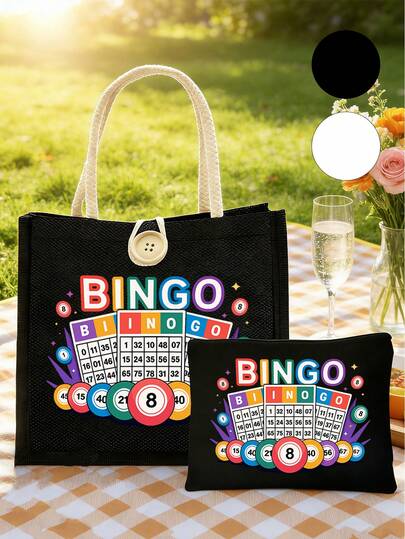 2pcs "Bingo" Letter Print Handbag Set, Including Lottery Ticket, Bingo Ladies Handbag And Wallet, Large Capacity Women Tote Bag, Lightweight Reusable Linen Shopping Bag, Portable Travel Cosmetic Bag, Suitable For Lottery Fans, Students, Teachers, Game Prizes, Valentine's Day, Birthday, Party, Anniversary Gifts
