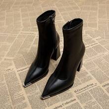 2026 Spring/Autumn New Vintage Classic Black & Brown Metal Pointed Toe Side Zipper High Heel Ankle Boots For Women - Black - View 8