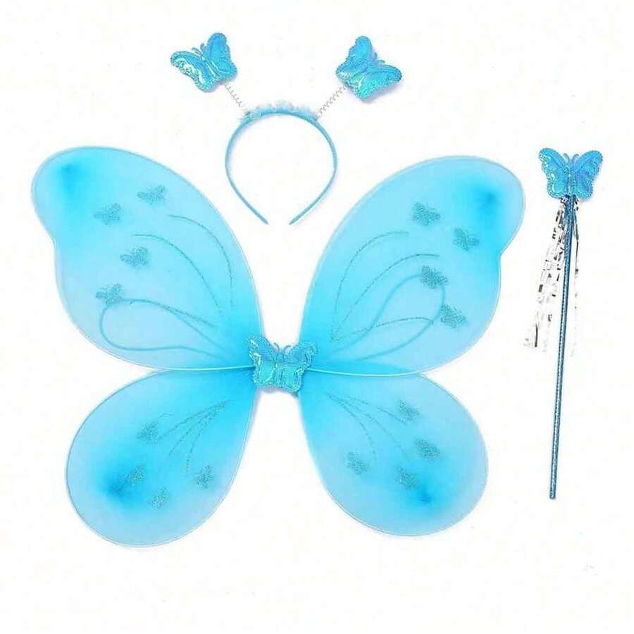 Kit Of 3 Butterfly Wing Fairy Costume With Wand And Tiara - Light Blue - View 1
