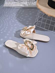 1 Pair Cute Bow Design PU Leather + Massage Pad Soft Bottom Non-Slip Flat Baby Sandals, Fashion Comfortable Versatile Girls Slippers, Suitable For Spring, Summer, Autumn, Outdoor Wear - Beige - View 7