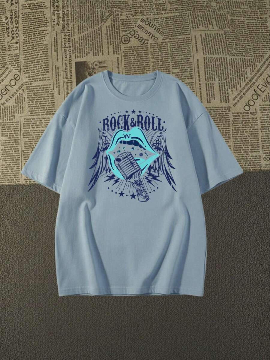 Premium Cotton Rock And Roll T-Shirt With Exclusive Language 2026 - 淺藍色 - 查看 1