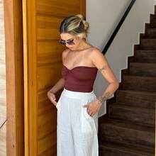 Antonella Premium Polyamide Top, Wrap Style, Luna Fashion, Party, Summer, High Versatility, Perfect Fit, Fabric, Backless, Asymmetrical Strapless Top, Night. - Rỉ Nâu - Xem 4