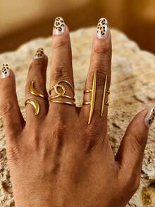 3pcs Stainless Steel 18K Gold Plated Fashion Geometric Asymmetrical Line Design Ring Set, Suitable For Women Everyday, Holiday, Date Wear - Multicolor - View 3