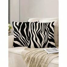 2pcs/Set Modern Style Black And White Zebra Pattern Linen Decorative Pillow Cover, 45cm*45cm/17.72in*17.72in Square, Single Side Printed, Soft And Comfortable, Suitable For Daily Home Decoration (Pillow Core Not Included) - 黑與白 - 查看 5