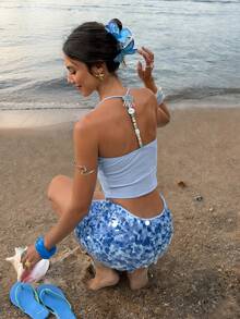 Doriss 两件套串珠装饰U领深V露背背心搭配亮片裙休闲度假套装，适合春夏、情人节、优雅女士、夏季假日装扮、婚礼及活动、外出装扮、女士度假装扮、女士沙滩装扮、春假装扮 - 藍色 - 查看 5