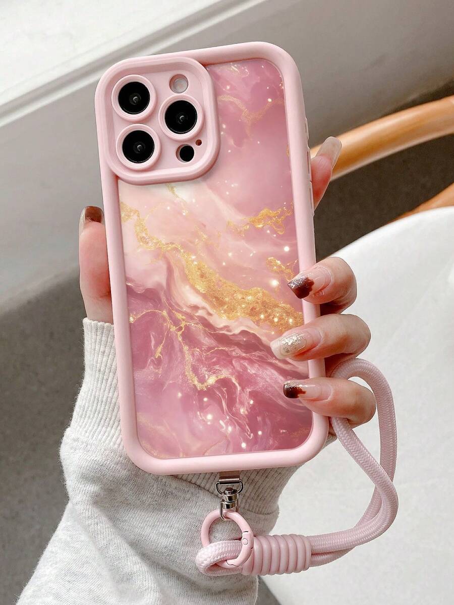 Pink Marble Gold Foil Painted Textured Hollow Agate Phone Case, Compatible With IPhone 14, 14 Pro, 14 Pro Max, 13, 13 Pro, 13 Pro Max, 11, 11 Pro Max, 12, 12 Pro, 12 Pro Max, XR, XS, 15, 15 Pro, 15 Pro Max, 16, 16 Pro, 16 Pro Max, 17, 17 Pro, 17 Air, 17 Pro Max, Galaxy S24, A04, A12, A13, A14, A23, A24, A32, A33, A51, A52, A53, A54, A72, S20 FE, Compatible With Redmi 9, Compatible With Redmi 9A, Shockproof Phone Case Cover - Multicolor - View 1