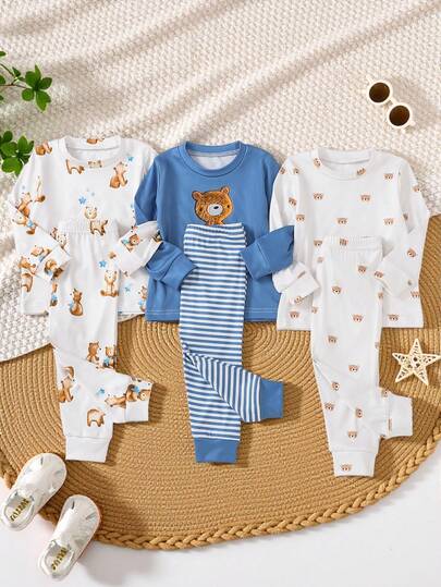6pcs/Set Baby Boys' Long Sleeve Round Neck T-Shirt And Pants Set, Featuring Cute Bear Print, Ideal For Everyday Wear, Made Of Comfortable Fabric, Suitable For Spring/Autumn