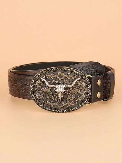 3.7cm Wide Unisex Western Horse Head Style Cowboy Belt Buckle, Smooth Buckle With Floral Print Perforated Holes