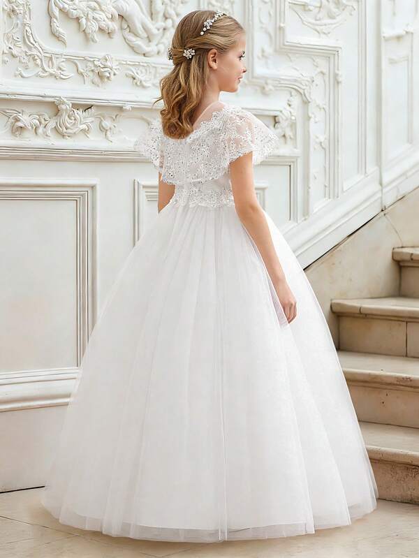 Tween Girls Round Neck Faux Sequins Embroidered Lace Sequin Mesh Elegant Wedding Flower Girl Bridesmaid Dress, Suitable For Birthday Party, Prom, Evening Gala, Does Not Include Headband