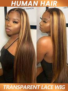 渐变色蕾丝前假发，真人发，13x4直发挑染假发，真人发，4/27色蜂蜜金透明蕾丝前假发，女士款，180%密度 - SP4/27 - 查看 3