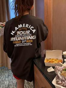 女士休闲宽松百搭舒适个性字母印花圆领 T 恤上衣 - 深灰 - 查看 2