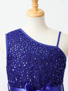 Girls Sequin Asymmetric Shoulder Lightweight Dress, Elegant Tulle Bow Princess Dress Suitable For Birthday Party - Blue - View 3