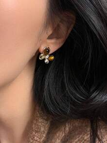 1 Pair Rhinestone & Tiger Eye Butterfly Stud Earrings, Minimalist Design - Brown - View 2
