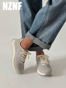 NZNF Giày thể thao phong cách Đức cổ điển năm 2026, giày đế dày, kiểu dáng chunky, buộc dây phối nhiều mảng màu, thích hợp cho trang phục thường ngày mùa xuân và mùa thu. - Xám - Xem 1