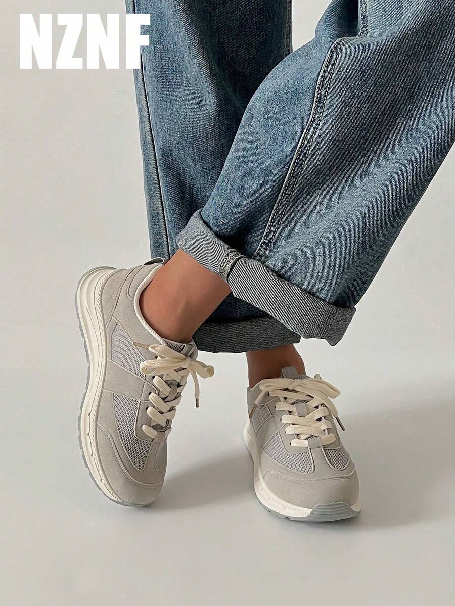 NZNF Giày thể thao phong cách Đức cổ điển năm 2026, giày đế dày, kiểu dáng chunky, buộc dây phối nhiều mảng màu, thích hợp cho trang phục thường ngày mùa xuân và mùa thu. - Xám - Xem 1