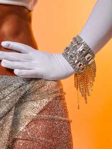 1 pieza Elegante pulsera de mujer con cristales y borlas, accesorio de joyería de lujo para vestido de gala, decoración de mano - Plateado - Ver 1