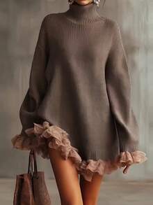 Autumn New Knitted High Neck Ruffle Edge Spliced Long Sleeved Gray Sweater, Graduation Gift, Must-Have For Returning To School, Casual Commuting Style, Street Style  Casual    Rib-Knit  Contrast Faux Fur    Vacation  Beach - 棕色 - 查看 9