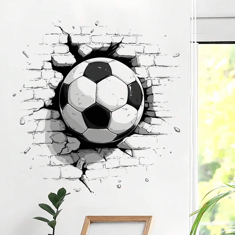 1pc Cartoon Sports-Themed Broken Wall Effect Football Wall Sticker, Removable Self-Adhesive Waterproof PVC Sticker, Suitable For Walls, Doors, Windows, Rooms, And Children's Room Decoration. - Soccer Wall Stickers - View 2