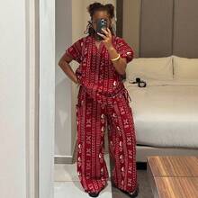 Women's Fashion Printed Short Sleeved Drawstring Waist Slimming Shirt Wide Leg Pants African Style Western-Style Suit - Đỏ - Xem 4
