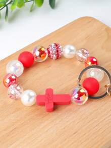 1件十字串珠手链钥匙扣，喜庆红色流苏吊坠，红色串珠手链钥匙圈，珍珠水钻串珠手链钥匙扣，防丢腕带吊坠，新年礼物 - 紅色-02 - 查看 5