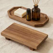 1件装木质浴室托盘，浴室收纳整理架，淋浴托盘，浴室装饰，皂液器架，多功能梳妆托盘，卧室香薰及首饰展示托盘，理想的乔迁、斋月、生日礼物，也可作餐盘使用 - C-木色 - 查看 5