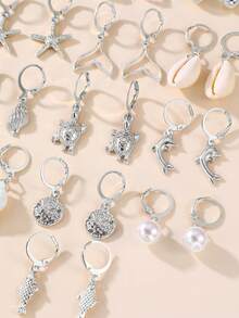 13件套时尚沙滩海洋系列海星贝壳海龟海豚鱼吊坠耳环套装，适合女性日常及节日佩戴 - 銀色 - 查看 3