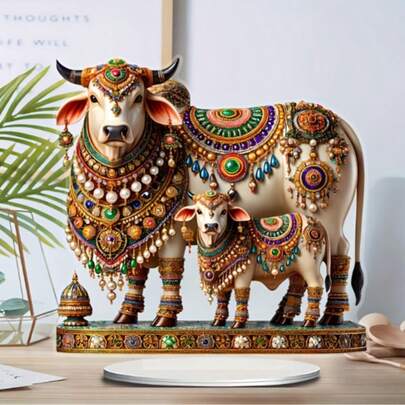 2D Flat, Boho Chic Sacred Cow Acrylic Sun Catcher With Base - Vibrant Lifelike Design, Ideal For Home & Office Decor, Perfect Holiday Gift