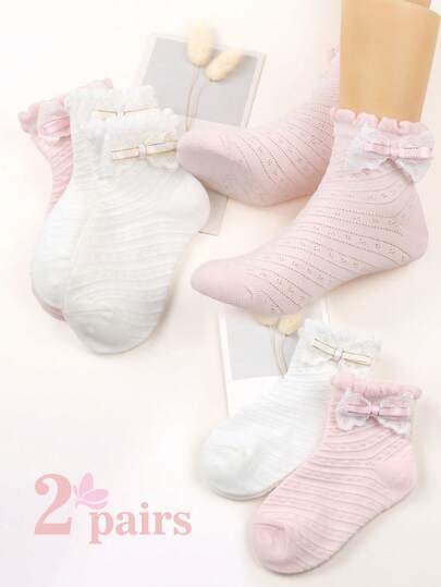 2 Pairs White & Pink Textured Bow Princess Socks For Girls; Handmade Double-Layer Ribbon Lace Bow Decor, Breathable Mesh Texture, High Elasticity Comfortable Fit, Suitable For Multiple Occasions. Fits Ages 1-7 Years, Hot Selling