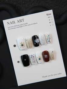 10pcs Handmade Square Coffin Nail Stickers, Acrylic Nail Art Decals With Black, Shiny, Gold Hexagram Pattern For Short Nails, Reusable Nail Decorations Suitable For Women And Girls, Great Gift For Party, Wedding, Daily Wear, With Tool Kit - Black - View 12